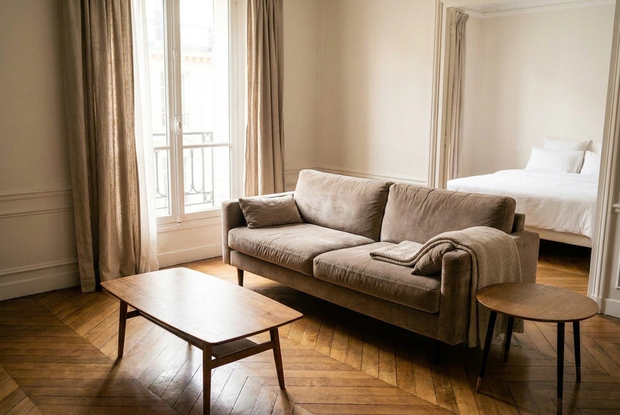 Le même salon parfaitement rangé et nettoyé après le passage de Worknest Cleaning