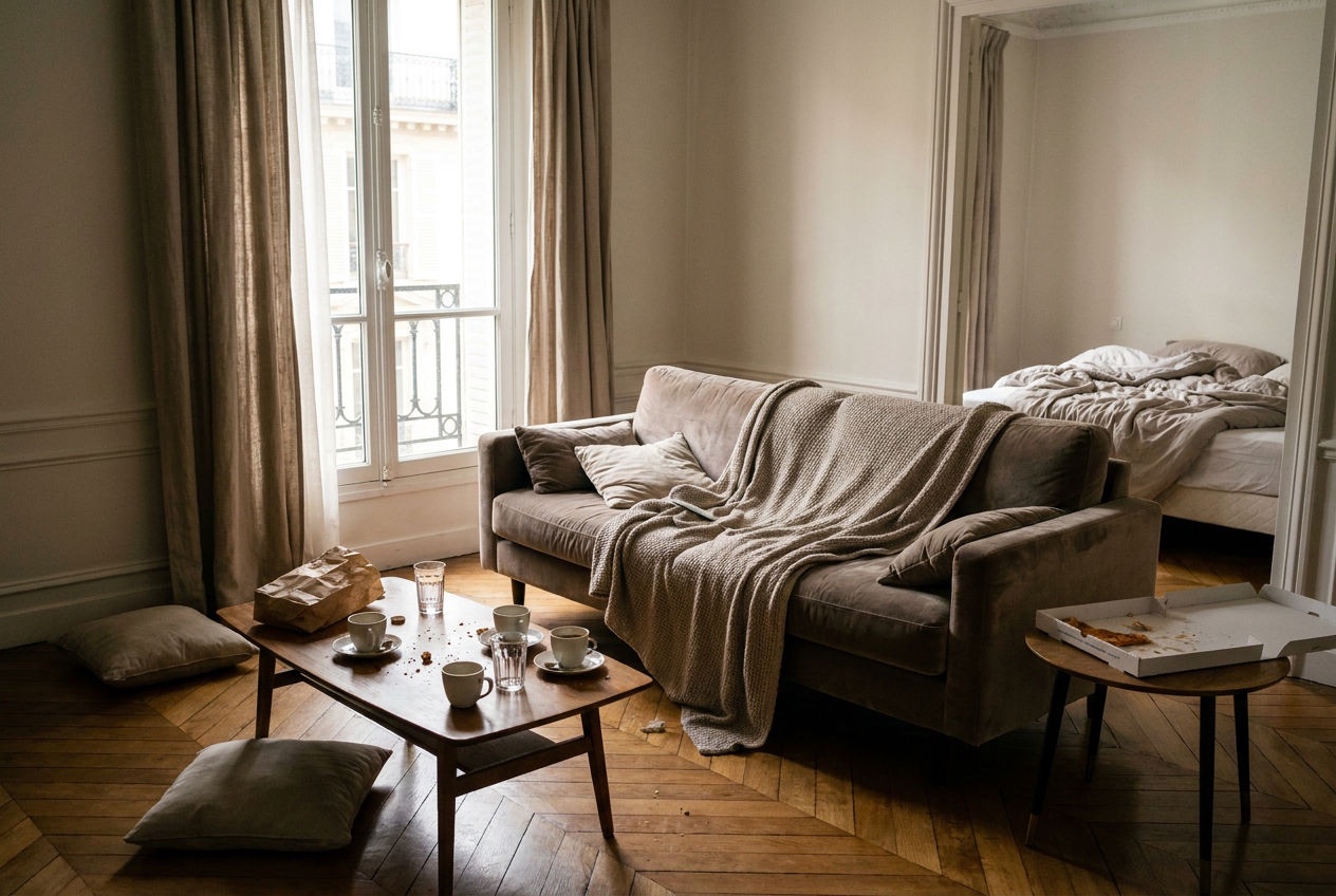 Salon d'un appartement parisien en désordre après le départ des voyageurs