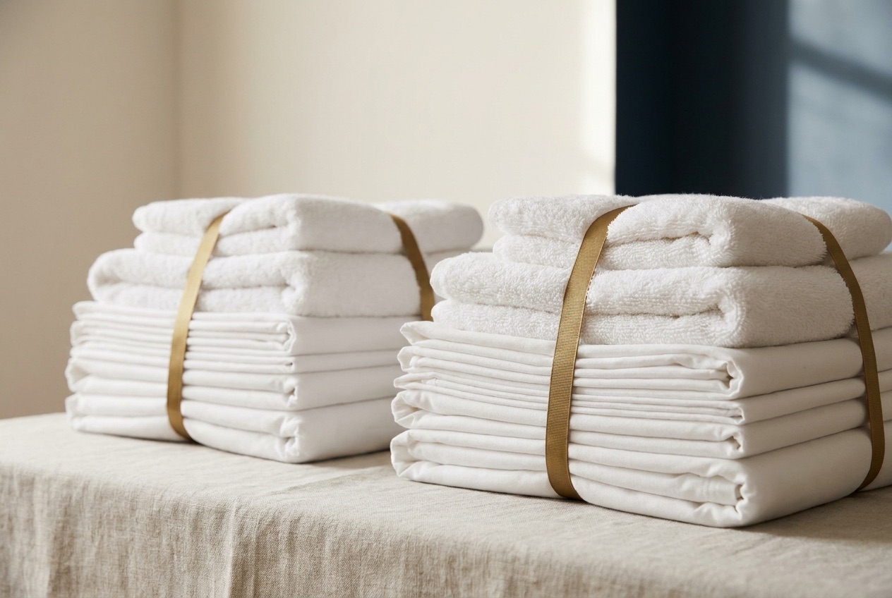 Piles de draps et serviettes blanches pliées, qualité hôtelière
